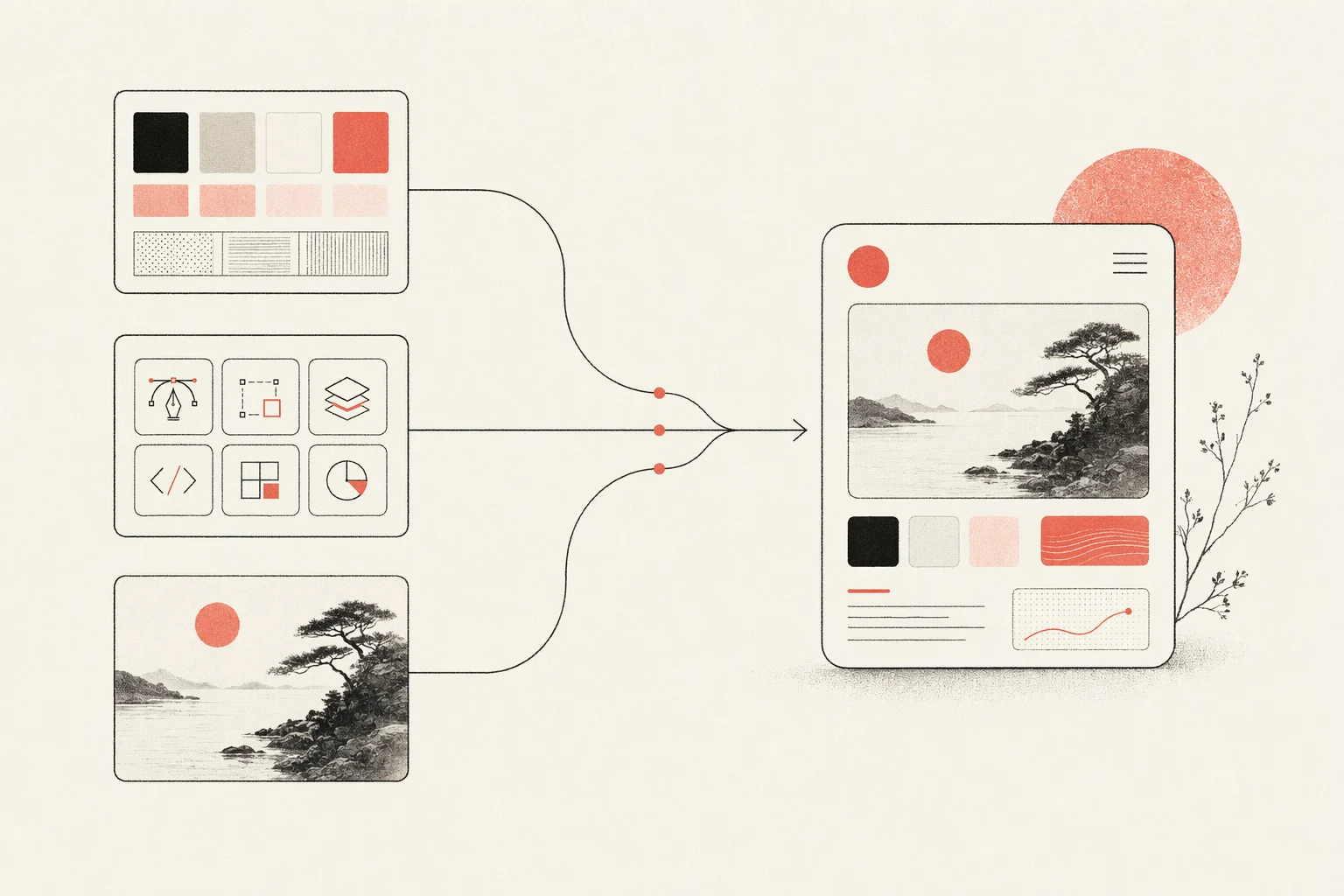 Diagram showing design system, skill, and reference image converging into good design output