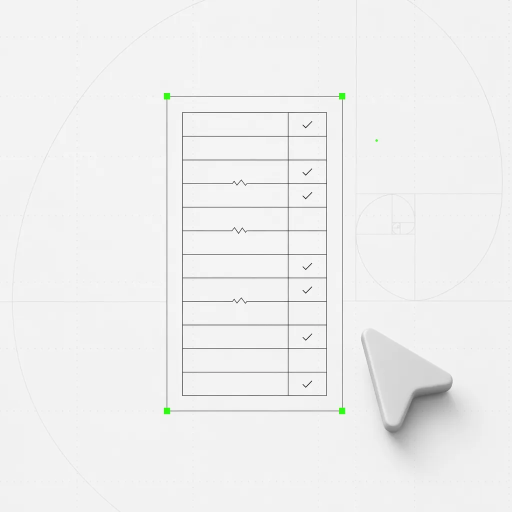 A checklist matrix where some rows pass and a few show a break mark, selected in a green frame on a near-white editorial ground