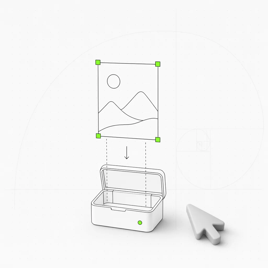 A design frame being extracted from a canvas and dropped into a portable module box, selected in a green frame on a near-white editorial ground