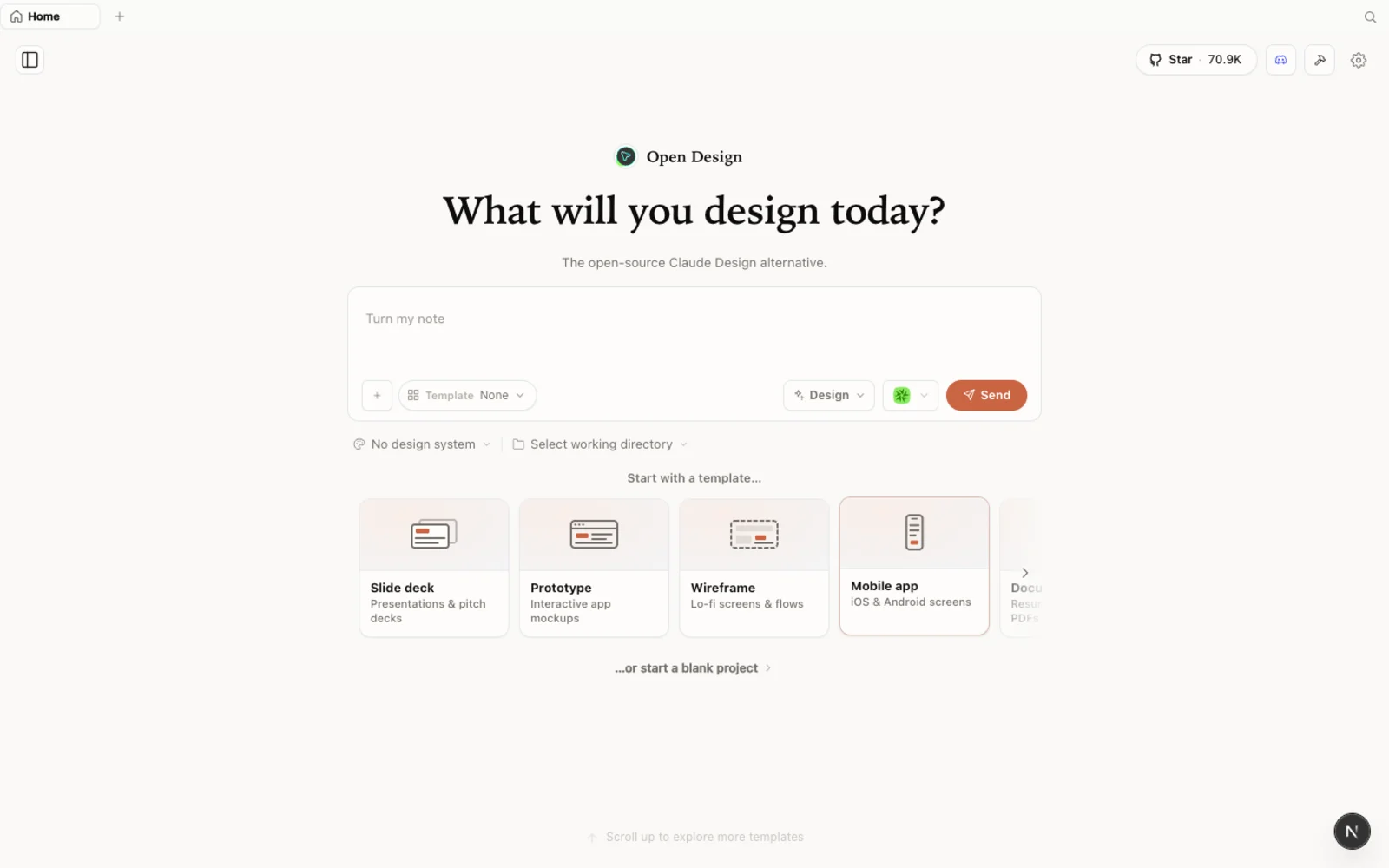 The Open Design workspace, ready to generate.
